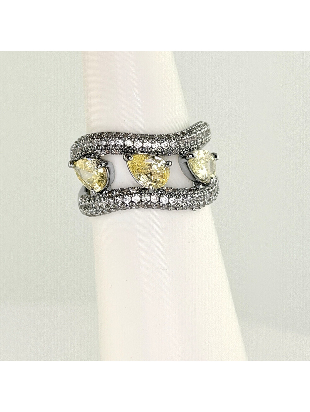 Bomb Party November Ring Sz 8 "Bent Like A Secret" Citrine on Hematite Pave